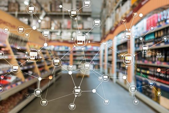 Franchise Distribution network Shop Retail Business Financial concept. Blurred supermarket background