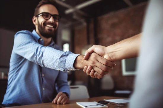 business people man handshake or shake hands - subject contact, field service, welcome or deal - Generative AI